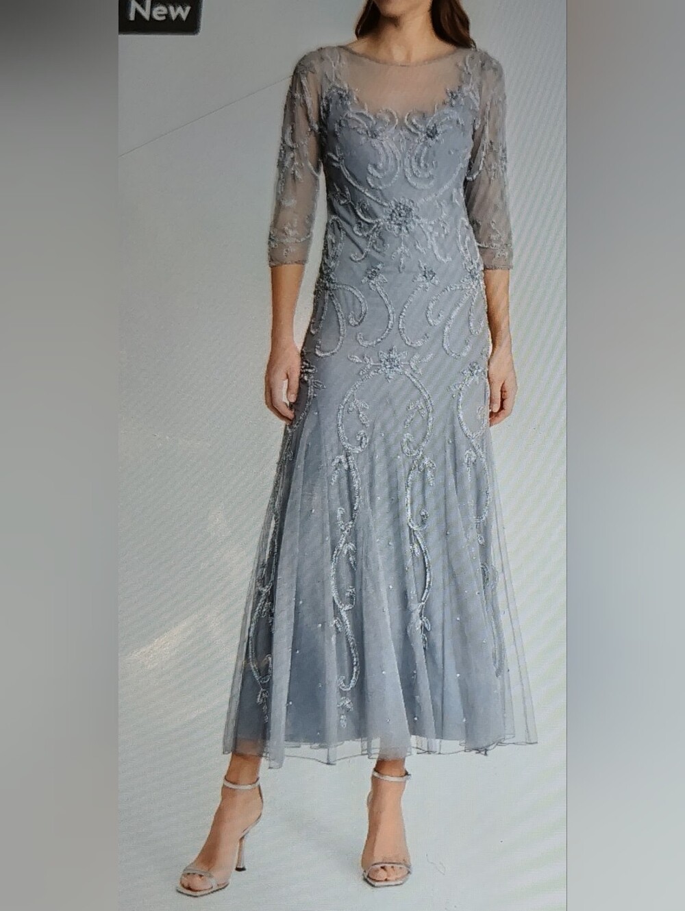 NWT $268 Beaded Illusion Neck Gown Sea Blue Silver Special Day Luxury Pisarro 12